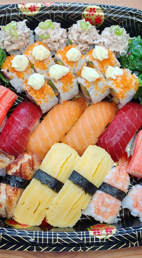 Close up of a colourful platter of sushi